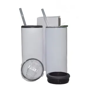 15oz Blank Sublimation Can Cooler With 2 screw on Lids Straight White Tumbler Stainless Double Insulated