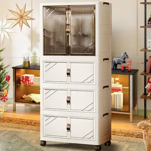 Portable Closet Wardrobe, Folding Storage Bins with Lid, Closet Organizers and Storage, Stackable Storage Box with Hanging Rod and Doors, Collapsible Plastic Clothes Cabinet with Wheels