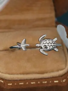Vintage Turtle Starfish Silver Color Adjustable Ring, Unisex Ocean Life Design, Casual Daily Wear Jewelry, Unique Creative Gift Idea