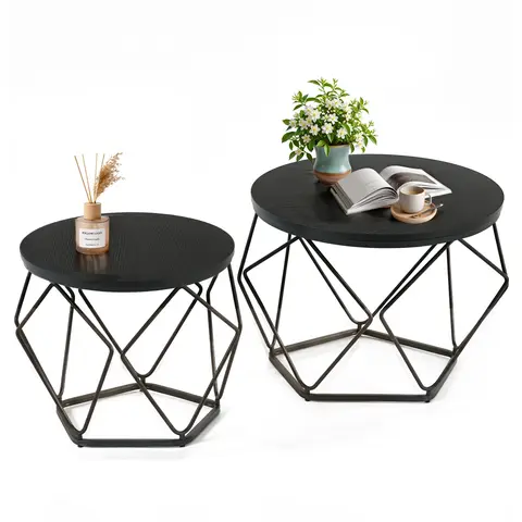 Sweetcrispy 2-Piece Small Round Nesting Coffee Tables - Steel Frame Wood Metal Circle Table, Modern Space-Saving Living Room Home Decor, Ink Black Assembly-Required Apartment Furniture