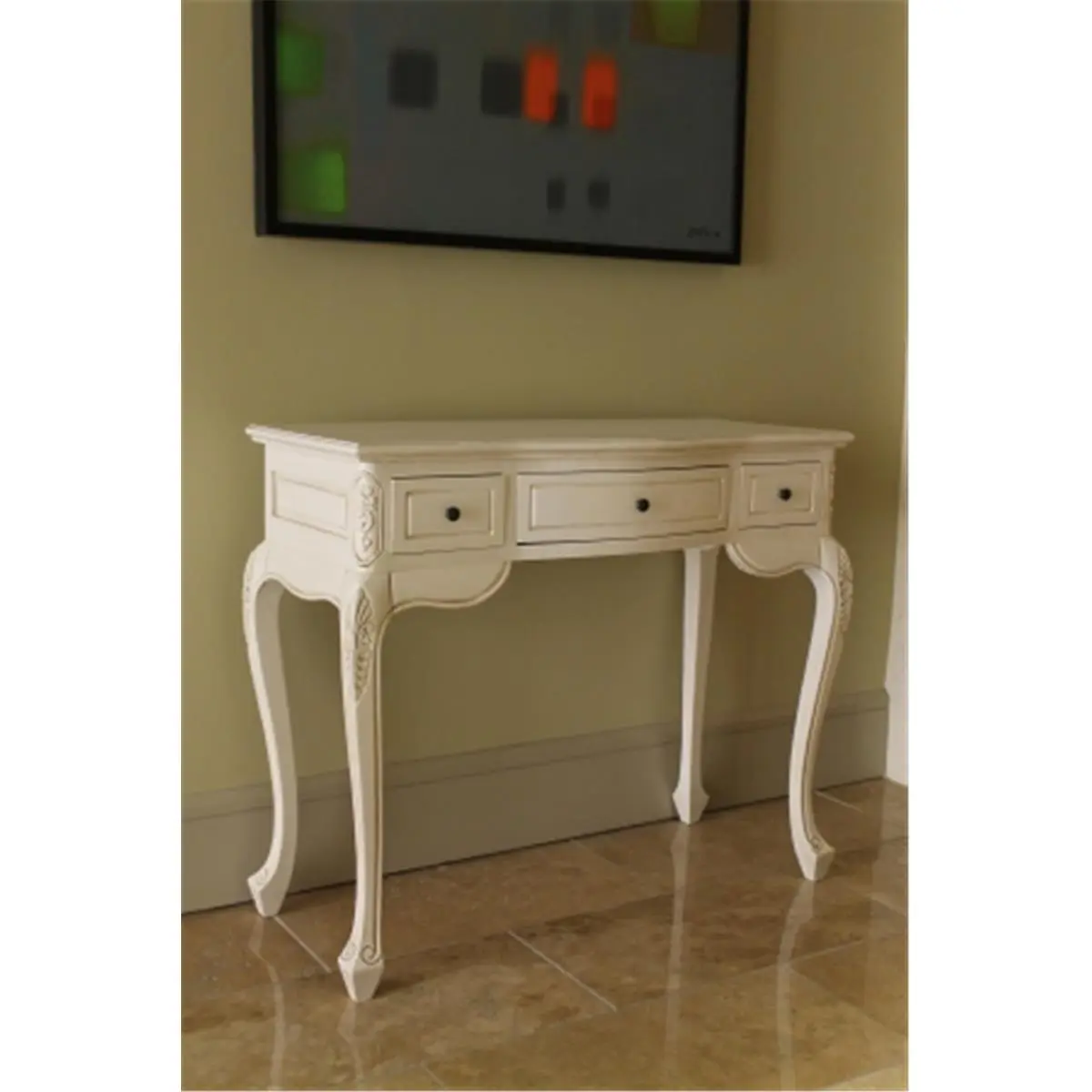 International Caravan Inc Hand-Carved Hardwood Vanity Desk - Antique White Commercial Office Furniture, 3 Drawers Storage, Depth:17in, Height:31in, Length:37in, Carving Detail