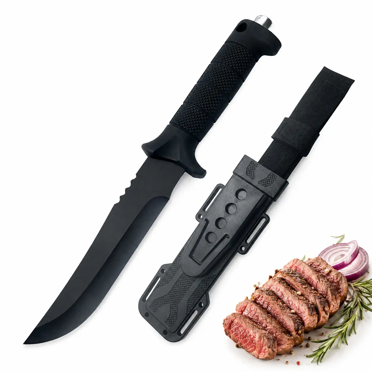 Black Kitchen Knife - Textured Handle, Protective Sheath, Coated Blade Kitchen Cutlery Utensil for Meat, Home Food Prep - Ideal for Father’s Day, Thanksgiving Gifts, Knives, Home Cooking