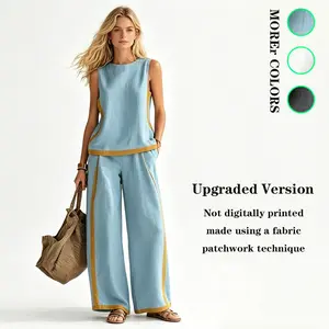 [Upgraded Version] Women's Simple Sleeveless Two-Piece Set, Fabric Patchwork (Not Painted) – Women's Sets, Women's Pajamas, Casual Wear, Loungewear#Summervibes#Women'sClothing#Women'sSets#Pajamas#WideLegPants#Tops#ShortSleeves