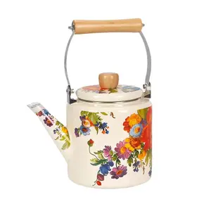 Floral Pattern Enamel Kettle, 1 Count Wooden Handle Tea Kettle, Heat Resistant Tea Pot, Drinkware for Home Kitchen, Teapot