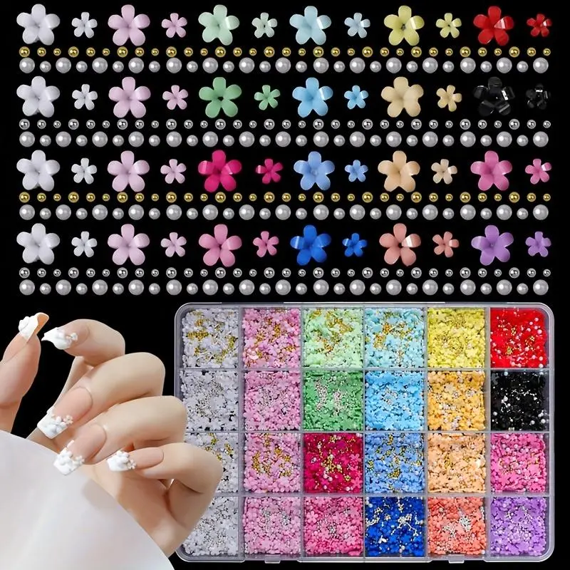 24Grid/Box 12 Colors 3D Acrylic Nail Charms, Mixed Rhinestones, Metal Beads & Pearls, Spring DIY Manicure Decor Accessories