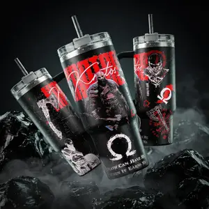 KRATOS God of War "Death Can Have Me" Gamer Art Water Bottle, 40 oz Stainless Steel Straw Water Bottle with Handle, Vacuum Insulation, 12H Hot-Cold Retention, Leakproof, BPA-Free, Cupholder-Friendly, Portable for Playstation Fans