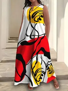 【Plus Size】 All Over Print Tank Dress, Casual Sleeveless Maxi Dress for Summer, Women's Plus Clothing for Daily Wear, Casual Dresses