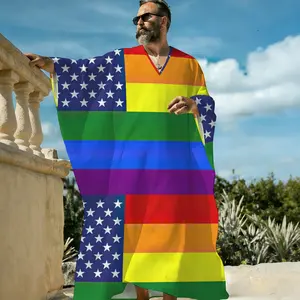 Men's V-Neck Pullover Summer Loose Flag Print Kaftan Long Robe, Patriotic Graphic Lightweight Beach Cover Up, Breathable Short Sleeve Resort Lounge Sleep Shirt for Men