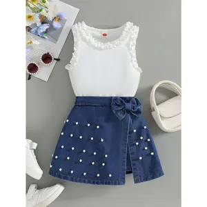 2pcs Girls' Summer Denim Outfit: Sleeveless Bow-Accented Ribbed Tank Top & Bow Detail Denim Skirt with Slit - Casual Round Neck Matching Suitable for Daily Wear, Playdates & Church - Toddler Girls' Clothing (Machine Washable), Perfect for Outdoor