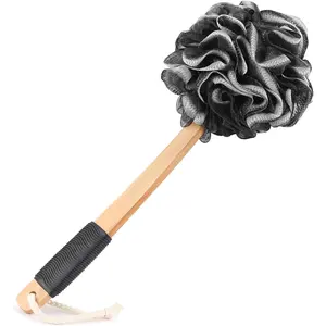 Black Loofah on a Stick PE Soft Mesh Luffa with Non-Slip Wooden Handle Made of Soft and Sturdy Rubber Material Back Scrubber for Shower for Women and Men with String for Easy Hanging