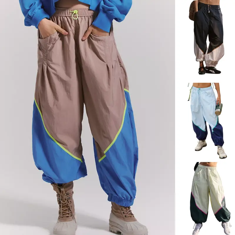 SCUSTY Women's Color-block Drawstring Parachute Pants Loose Wide Leg Casual Lounge Pants with Pockets