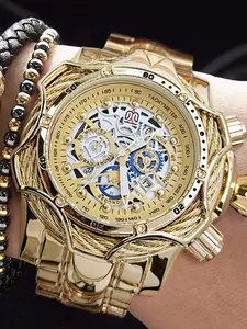 Men's Punk Style Watch, Skeleton Watches, Round Analog Dial, Alloy Case, Mineral Glass, Fold-Over Clasp, Quartz Movement, All Seasons, Perfect Gift