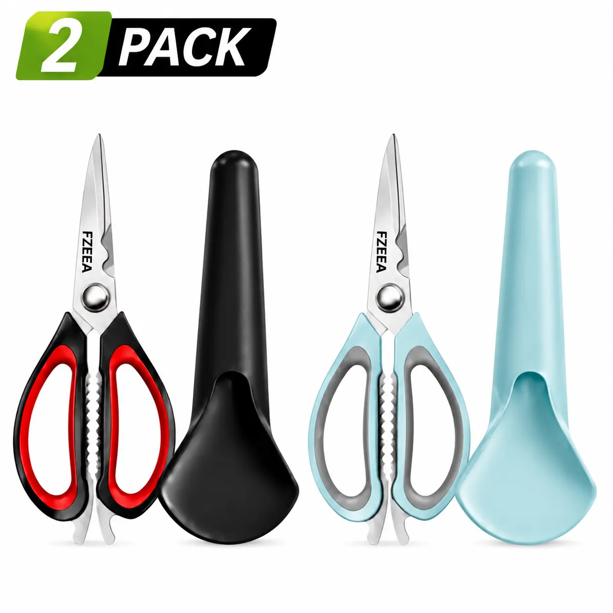 FZEEA Kitchen Scissors 2 Pack Stainless Steel Heavy Duty Shears with Protective Cover Multi Purpose Food Herb Meat Cutting Scissors