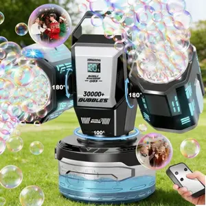Dual Head Rechargeable Bubble Machine for Ages 3+, RGB Color Lights Remote Control, 360° Rotating Fast Bubbles, Includes 50ML Concentrated Liquid