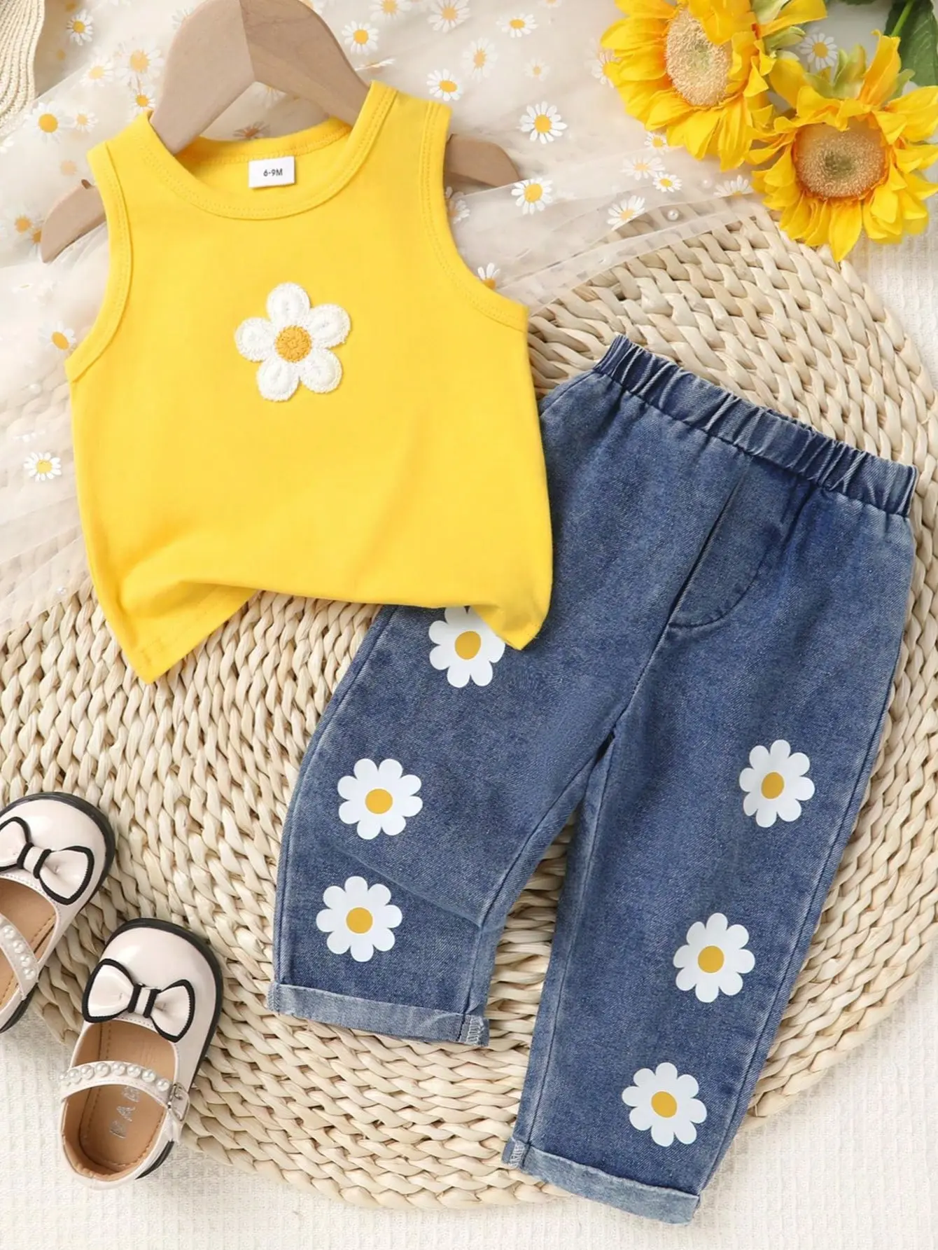 2pcs, Baby Girl Clothing, Casual, Cute, Soft, Comfortable, 3D Floral Embellished Crew Neck Vest And Floral Print Blue Elastic Waist Jeans, Toddler Girls Clothes, Suitable Summer For Everyday Wear, Vacations, Parties, Photo Shoots, Outdoor Activities