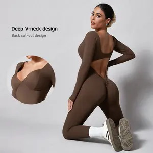 1pc Solid Color Backless Yoga Jumpsuit Full Length Tummy Control  Comfortable Activewear for Fitness Gym Running and Outdoor Activities Spring Summer