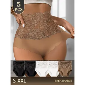QUASTI Women's 5PCS High-Waisted Lace Wave-Edge Briefs - Soft, No-Show, Full-Coverage Feminine Panty with Elastic Fit, Minimalist Solid Color, Breathable Lady Underwear for Leg Comfort, S-XXL
