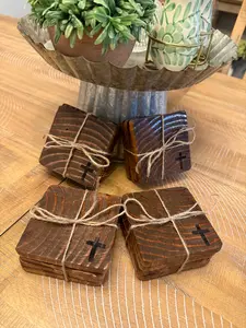 Rustic Wooden Coasters with Cross Design - Set of Coasters for Decorative Use