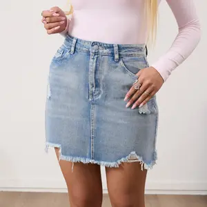 [US Shipping] MW Shiny Women's Ripped Denim Mini Skirt High Waist Casual, Washed  Brushed Hem Denim Skirt With Pockets