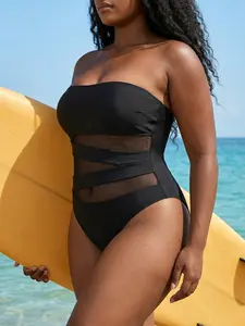 Sculpt Touch Women Strapless One Piece Swimsuit Sexy Mesh Cutout Tummy Control Bandeau Bathing Suit with Removable Straps