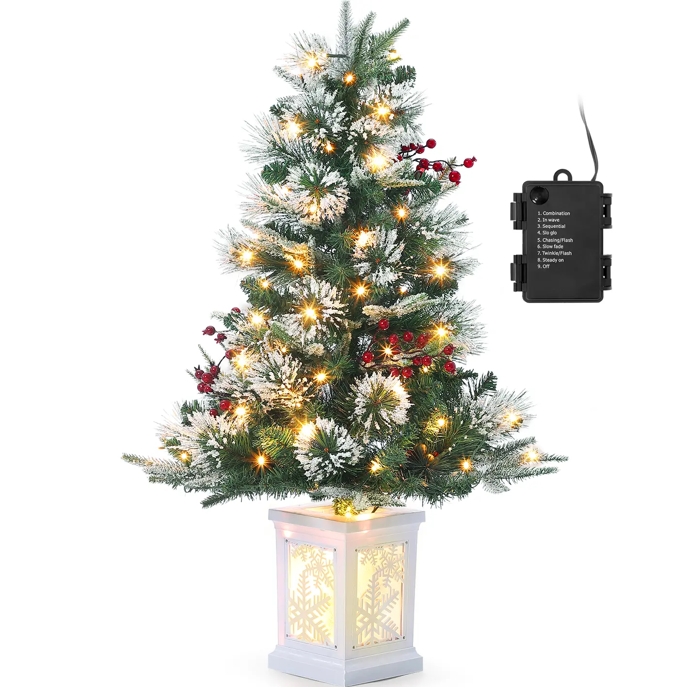3FT Pre Lit Premium Potted Flocked Arctic Fir Christmas Tree, Artificial Mini Pre Lit Xmas Tree Christmas Decoration Snowflake White Base- 1PC Box Insert Set Ornaments