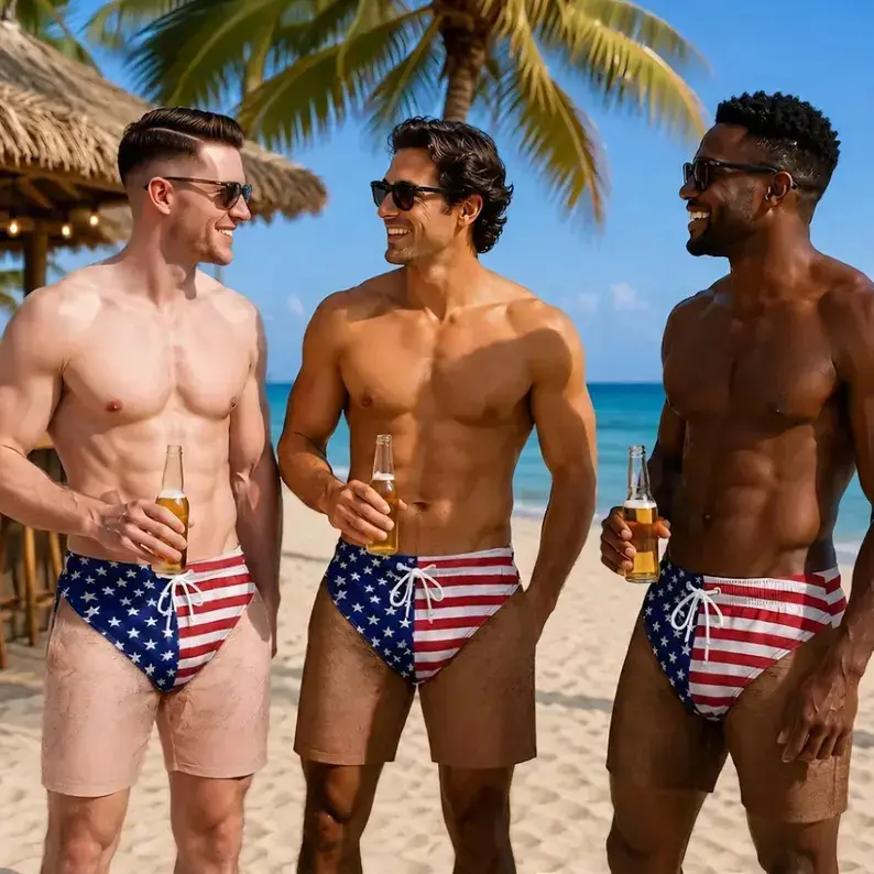 Men's Funny Patriotic Swim Trunks - Sleeveless Swimsuits for Men, Summer Vacation Gift, Freedom & Chill