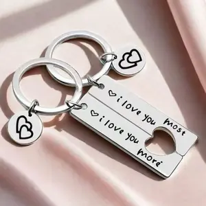 Couples 2pcs Matching Keychains with Engraving I Love You Most & I Love You More Heart Charms for Couples Perfect Gift for Him and Her
