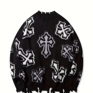 OVRSZD Cross Pattern Fringe Sweater - Black & White comfort cotton streetwear y2k