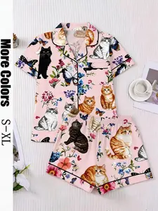 Women's 2-Piece Cat Flower Butterfly Printed Pajama Set Loungewear, Short Sleeve Button Front Shirt, Pocketed Elastic Waist Shorts, Spring Summer Casual Wear