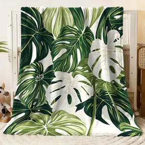 Tropical Monstera Leaf Print Flannel Blanket Soft Cozy Throw for Bed Couch Sofa Lightweight Warm Plush Blanket Home Decor All Season Use