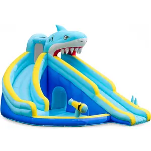 Outfunny Inflatable Water Slide Bounce House with Pool & Splash Zone, Shark Theme Outdoor Water Park for Kids Ages 3-10, Heavy Duty 500lb Capacity, Includes Air Blower & Full Accessory Kit