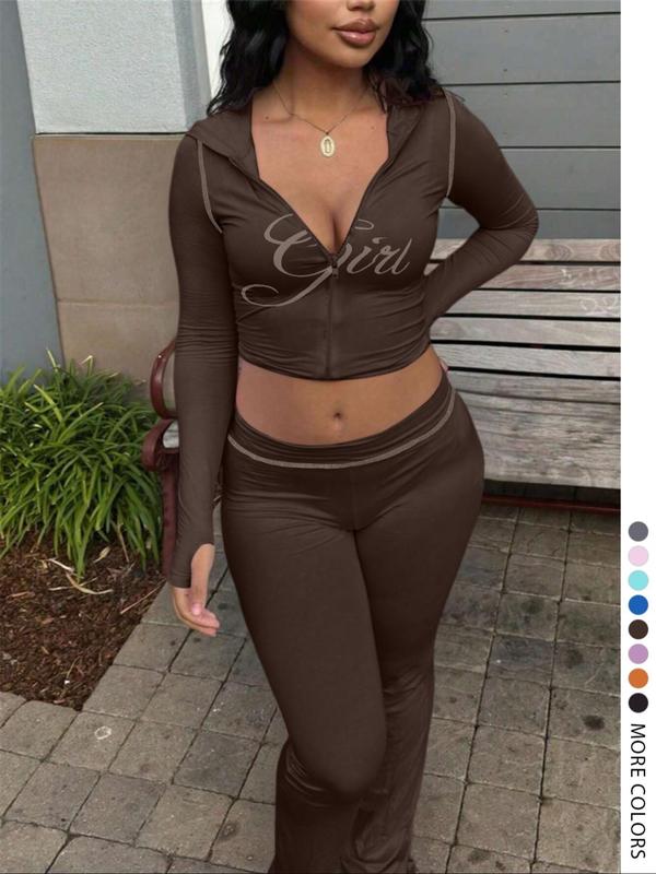 【LovelyWholesale】Women's Casual Sporty Cute Colorblock Print Zipper Design Top Flared Long Pants Set, Lovely Wholesale Us Fashion