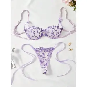 WomenSexyLingerieSet,PurpleHeartEmbroideredSheer2pcsBra&PantySetForBedroom,DateNight,Valentine'sDay