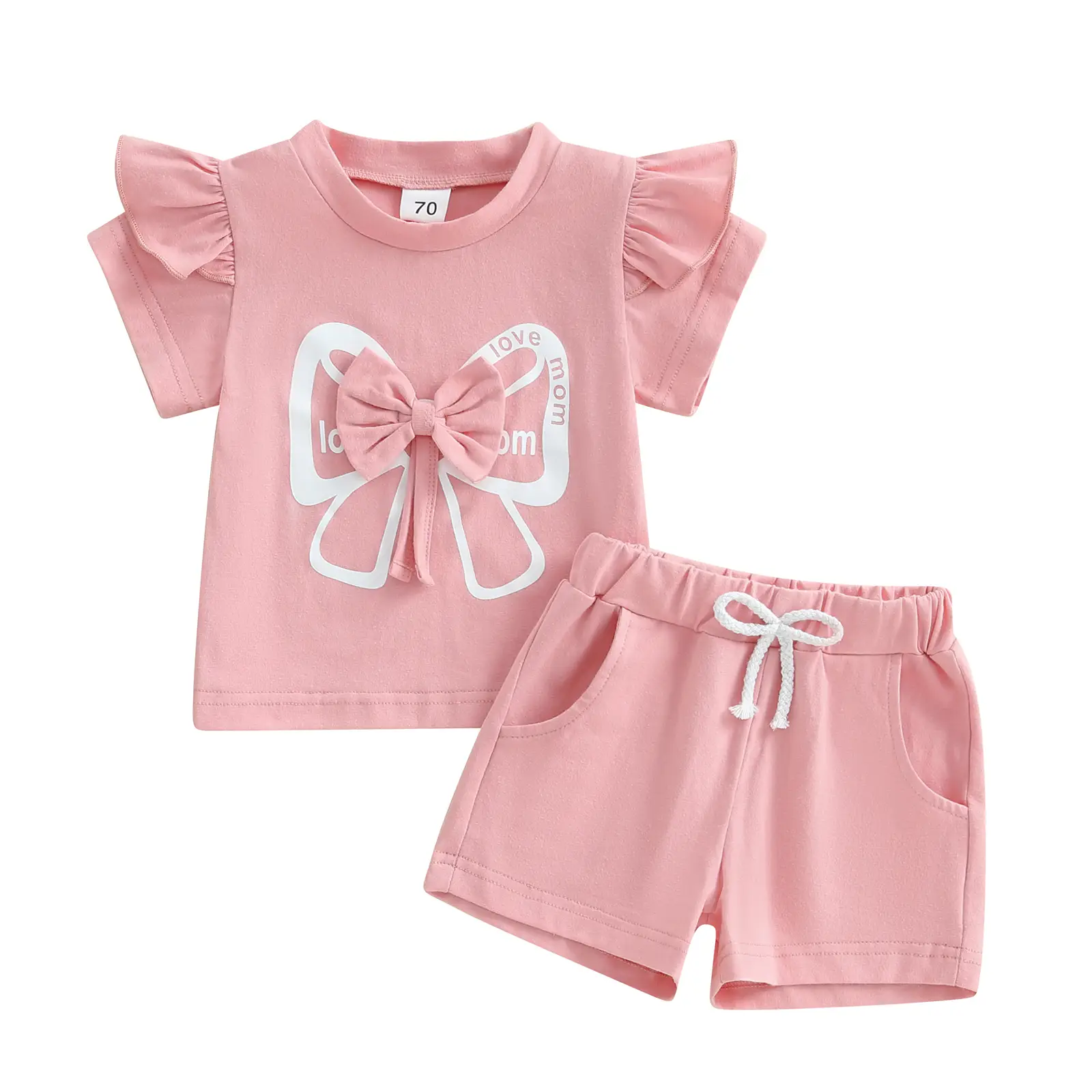 Toddler Baby Girl Clothes Summer 3D Bow Ruffle Short Sleeve T-shirt Tops Elastic Waist Shorts Pants Set Infant Girls 2Pcs Outfit Sweatsuit #Springtok