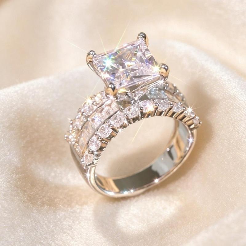 Women's Wide Shank Princess Cut Cubic Zirconia Rings - Stackable Metal Jewelry, Wedding Ring Sets, Statement Engagement Piece, Ideal Anniversary Gift