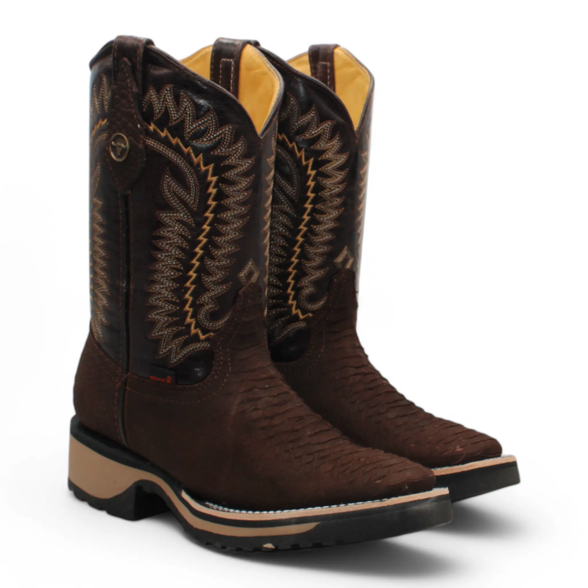 Men’s Square Toe Boots Chocolate Python Print w/ Rubber Sole Men’s Square Toe Boots Chocolate Python Print w/ Rubber Sole