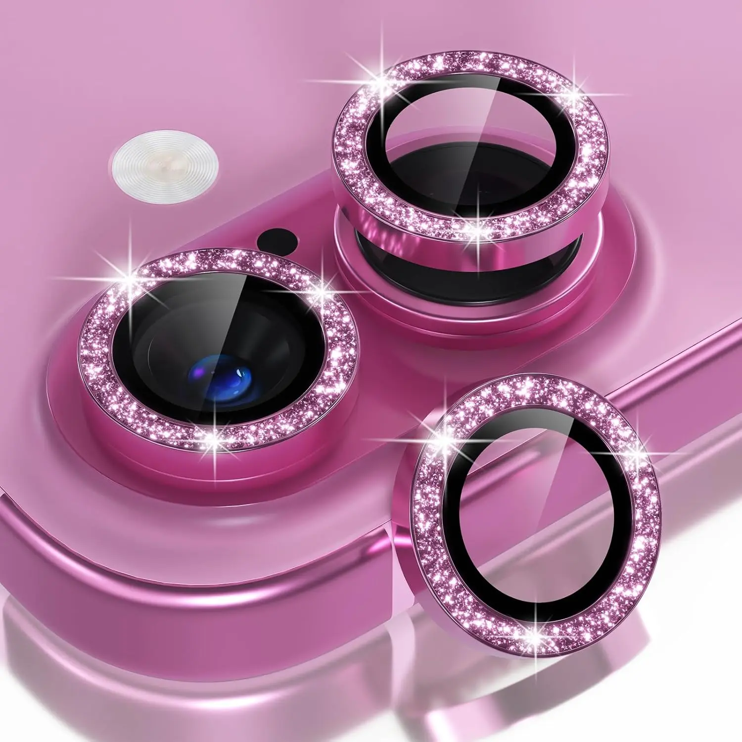 Glitter Pink Glimprese Camera Lens Protector Compatible for iPhone 16 16Plus 15 15Plus 14 14Plus 13 13Mini, 9H Tempered Glass Protective Camera Cover, HD Clear, Protective Mobile Accessory, Metal Individual Ring Decoration Accessories