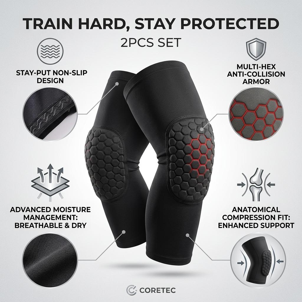2PCS Hex Knee Pads with Disposable Shoe Covers, Shockproof Compression Sleeves for Men/woman, Breathable Elastic Support, Anti-Slip Long Leg Design for Stability & Protection in Basketball, Gym
