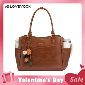 LOVEVOOK Women's Leather Laptop Bag with Large Cup Holder, Vintage Work Tote for Office & Travel, Thickened Compartment for Computer Protection, Elegant Design for All Occasions,TikTokShopStockUp