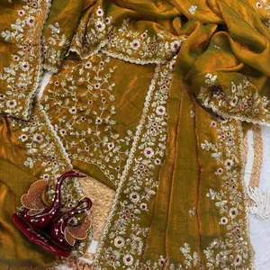 Heavy Soft Fandy Chiffon Silk Fabric with C-Pallu Zari & Sequence Work Cut Work Border on Sarees for Elegant Wear with free size Blause