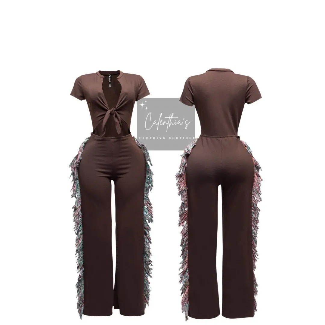 Brown Fringe Jumpsuit with Eye-Catching Tassel Detail for Chic Casual Look