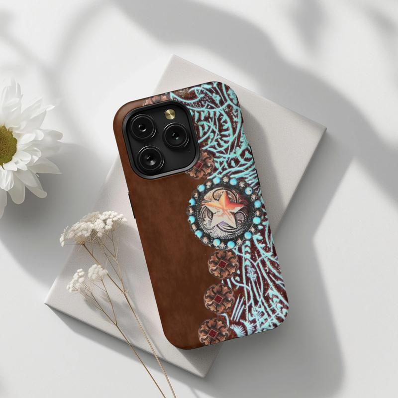 Turquoise Western Phone Case |   Rustic Concho Aesthetic Cover for IP Phone 17 16 15 14 13 12 11 Pro Max Plus SE X XR XS Compatible with Samsung Galaxy S25