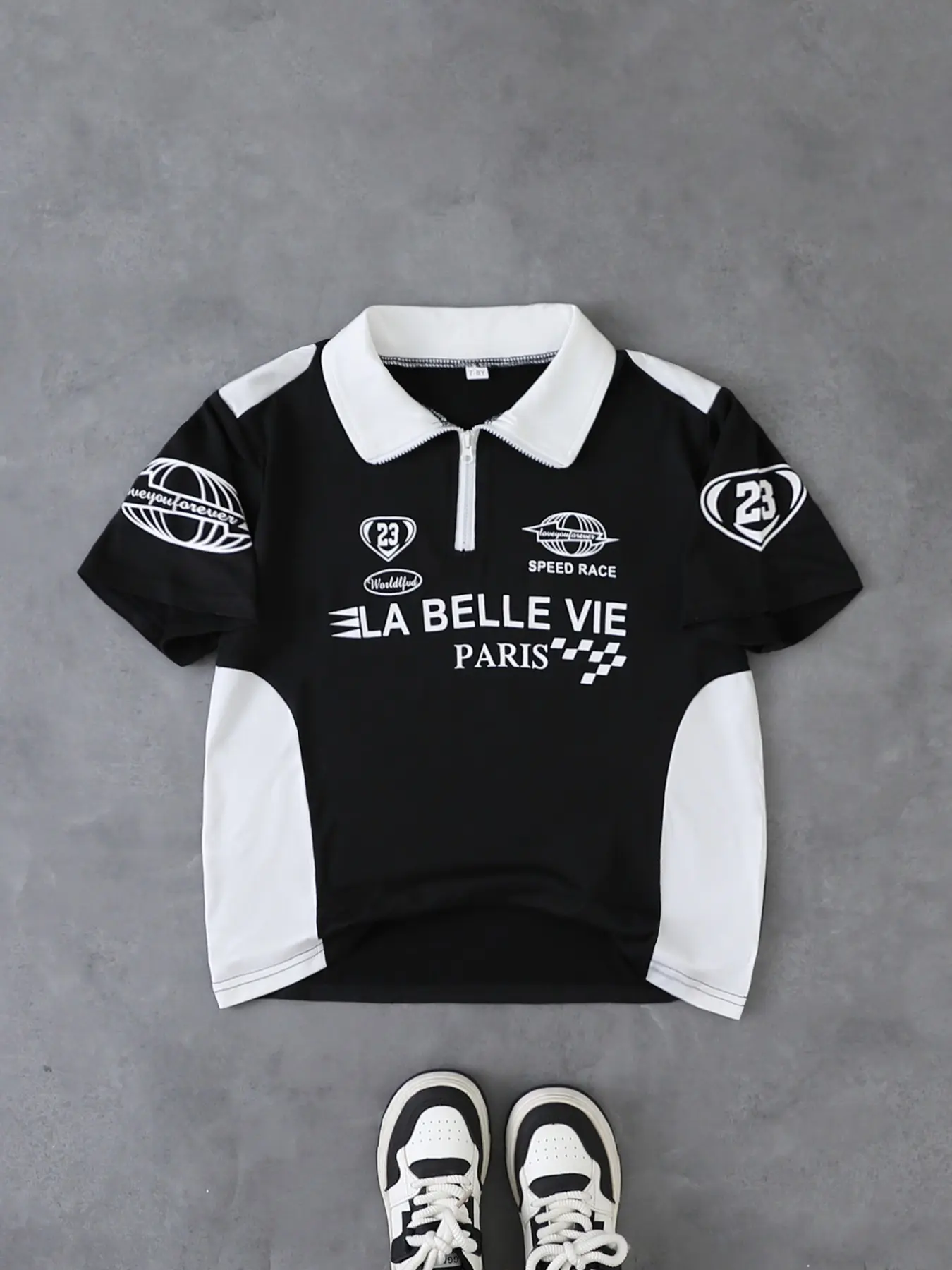 Boys' Summer Short Sleeve Half-Zip Collar T-Shirt, Cartoon Pattern, Fitted Long Tee, Casual Style, Racing Top
