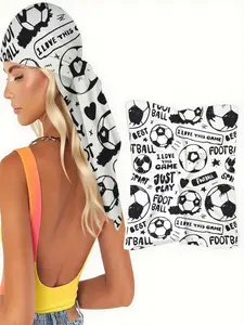1pc Soccer - Themed Square Scarf with Footballs, Hearts & “I Love This Game” Slogans, Black - White Sporty Design, Perfect for Sports Events, Fan Parties or Casual Streetwear Accessories