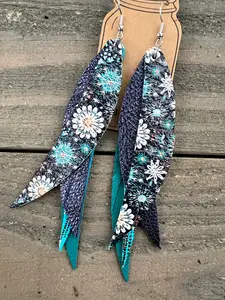 Blue snowflake Stacked Fringe Feather Earrings