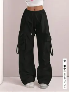 High Waist Drawstring Comfortable Wide Leg Cargo Pants, Casual Sporty Trousers, Elastic Cuffs and Fold over Pockets for Casual Street Style