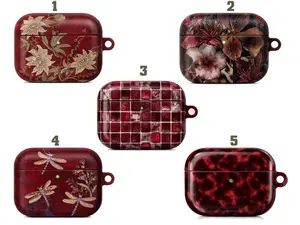 Burgundy Airpods Case Flowery, Dragonfly, Mosaic Print Cover for Airpod Gen 1 2 3 4, Shockproof Durable Covers Accessories Gift For Her