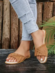 Women's Woven Raffia Twist Knot Square Toe Slide Sandals, Flat Open Toe Slippers, Boho Summer Shoes for Beach, Vacation, Daily Wear