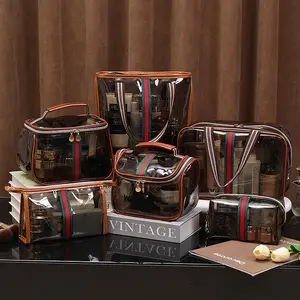 New vintage makeup bag, retro-style makeup bag, large-capacity makeup storage bag for women, waterproof transparent toiletry bag with zipper, women's travel storage case (transparent brown)