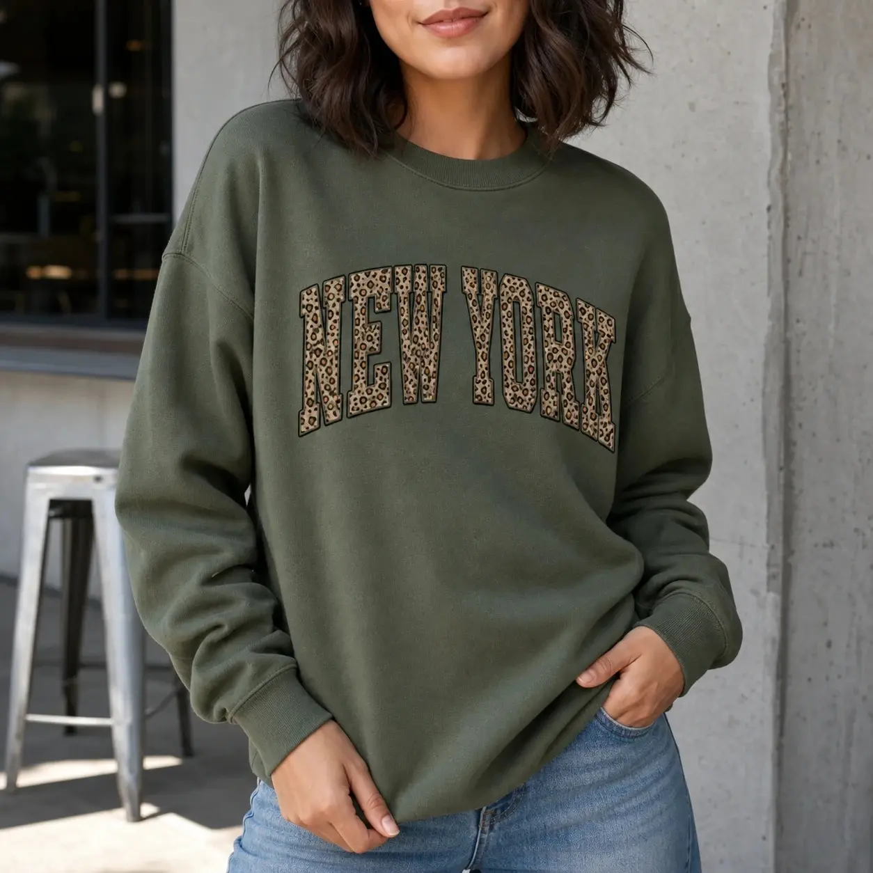 Personalized Leopard State Name Sweatshirt, Custom State Pride Crewneck With Vintage Varsity Letter Design - BABINO HOUSE